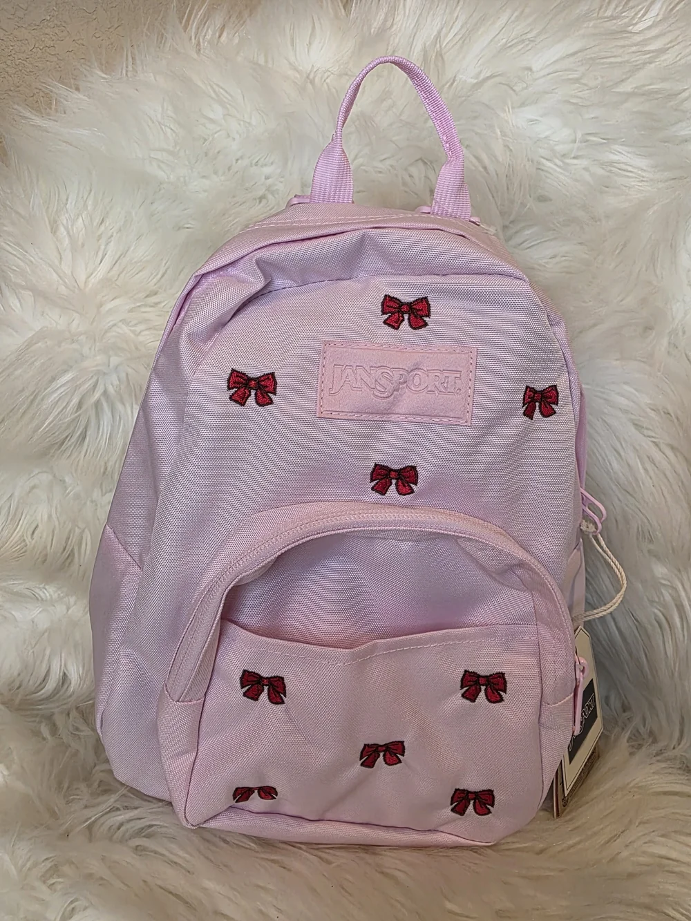 NWT JanSport Half Pint FX Mini Backpack viral Embroidered Bows BEGONIA PINK